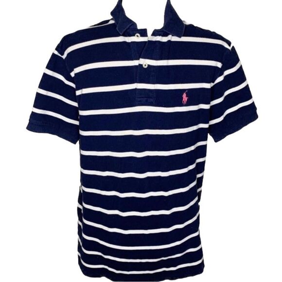 POLO RALPH LAUREN Navy and White Striped Cotton Polo Shirt Size Extra Large - Picture 8 of 8